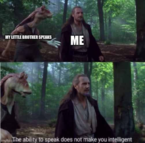 The ability to speak doesn't make you intelligent | ME; MY LITTLE BROTHER SPEAKS | image tagged in the ability to speak doesn't make you intelligent | made w/ Imgflip meme maker