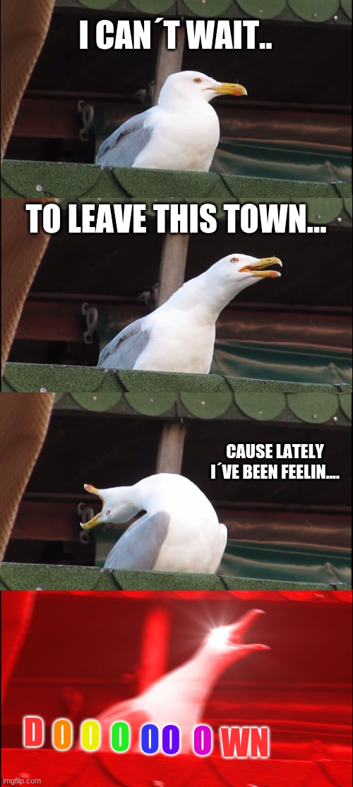 The song Stars be like... | I CAN´T WAIT.. TO LEAVE THIS TOWN... CAUSE LATELY I´VE BEEN FEELIN.... O; O; O; O; O; D; WN; O | image tagged in memes,inhaling seagull | made w/ Imgflip meme maker