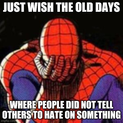 Sad Spiderman | JUST WISH THE OLD DAYS; WHERE PEOPLE DID NOT TELL OTHERS TO HATE ON SOMETHING | image tagged in memes,sad spiderman,spiderman | made w/ Imgflip meme maker