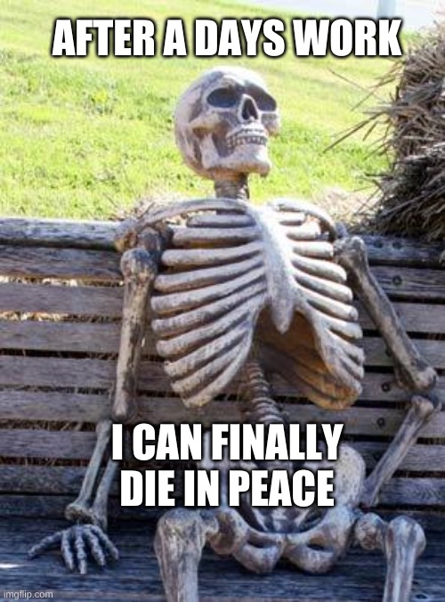 Waiting Skeleton | AFTER A DAYS WORK; I CAN FINALLY DIE IN PEACE | image tagged in memes,waiting skeleton | made w/ Imgflip meme maker