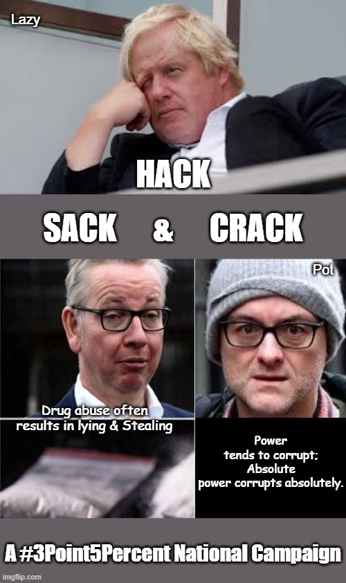 Hack, Sack, Crack | Lazy; HACK; SACK      &      CRACK; Pot; Power tends to corrupt; Absolute power corrupts absolutely. Drug abuse often results in lying & Stealing; A #3Point5Percent National Campaign | image tagged in boris johnson | made w/ Imgflip meme maker