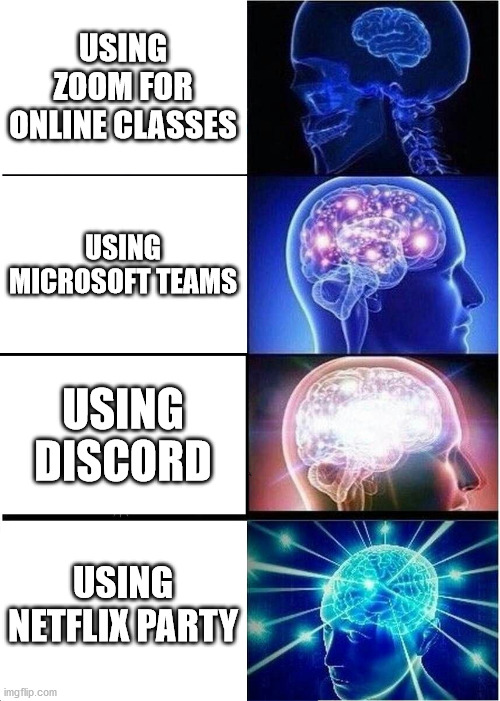Expanding Brain | USING ZOOM FOR ONLINE CLASSES; USING MICROSOFT TEAMS; USING DISCORD; USING NETFLIX PARTY | image tagged in memes,expanding brain,online school,netflix,discord,zoom | made w/ Imgflip meme maker