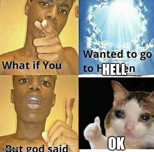 What if you wanted to go to Heaven | HELL; OK | image tagged in what if you wanted to go to heaven | made w/ Imgflip meme maker