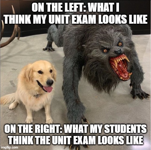 dog vs werewolf | ON THE LEFT: WHAT I THINK MY UNIT EXAM LOOKS LIKE; ON THE RIGHT: WHAT MY STUDENTS THINK THE UNIT EXAM LOOKS LIKE | image tagged in dog vs werewolf | made w/ Imgflip meme maker