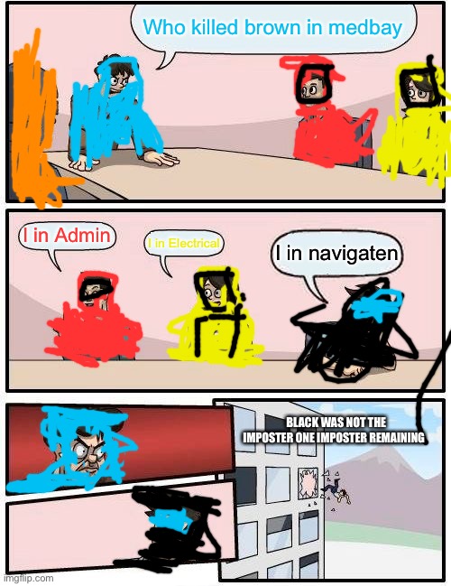 Boardroom Meeting Suggestion | Who killed brown in medbay; I in Admin; I in Electrical; I in navigaten; BLACK WAS NOT THE IMPOSTER ONE IMPOSTER REMAINING | image tagged in memes,boardroom meeting suggestion | made w/ Imgflip meme maker