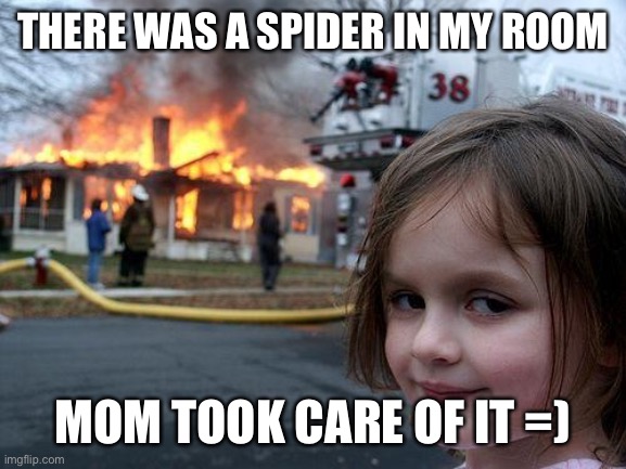Disaster Girl Meme | THERE WAS A SPIDER IN MY ROOM; MOM TOOK CARE OF IT =) | image tagged in memes,disaster girl | made w/ Imgflip meme maker