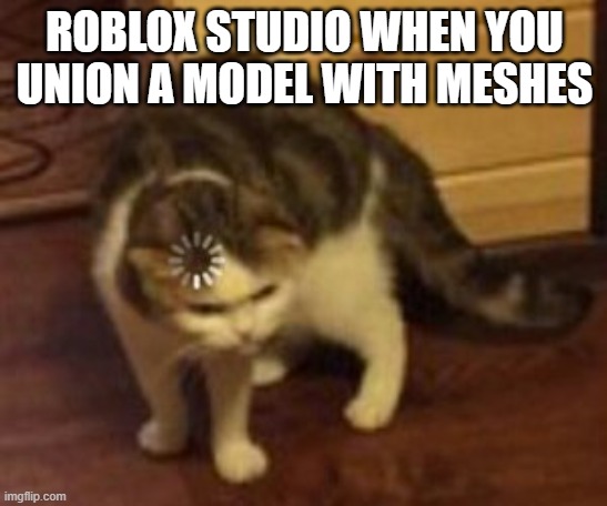 ROBLOX studio can be annoying | ROBLOX STUDIO WHEN YOU UNION A MODEL WITH MESHES | image tagged in loading cat,roblox meme,roblox | made w/ Imgflip meme maker