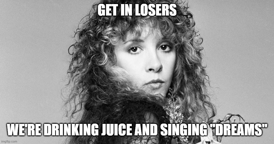 Fleetwood Fall Vibes | GET IN LOSERS; WE'RE DRINKING JUICE AND SINGING "DREAMS" | image tagged in stevie nicks | made w/ Imgflip meme maker