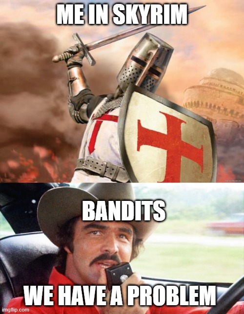  ME IN SKYRIM; BANDITS; WE HAVE A PROBLEM | image tagged in crusader,bandit | made w/ Imgflip meme maker