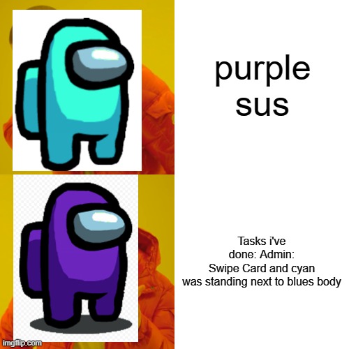 idk how im sus i named a task | purple sus; Tasks i've done: Admin: Swipe Card and cyan was standing next to blues body | image tagged in memes,drake hotline bling,among us blame | made w/ Imgflip meme maker