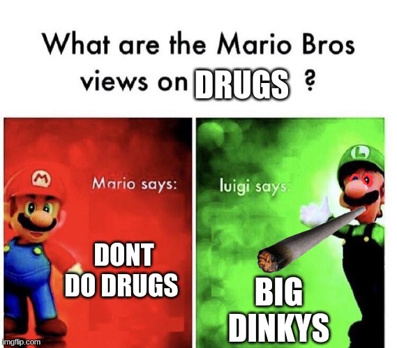 Mario Bros Views | DRUGS; DONT DO DRUGS; BIG DINKYS | image tagged in mario bros views | made w/ Imgflip meme maker