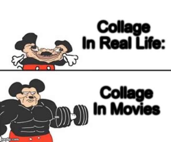 Ikr | Collage In Real Life:; Collage In Movies | image tagged in buff mokey | made w/ Imgflip meme maker