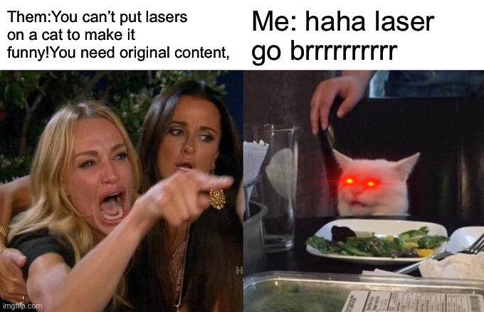 Woman Yelling At Cat Meme | Them:You can’t put lasers on a cat to make it funny!You need original content, Me: haha laser go brrrrrrrrrr | image tagged in memes,woman yelling at cat | made w/ Imgflip meme maker