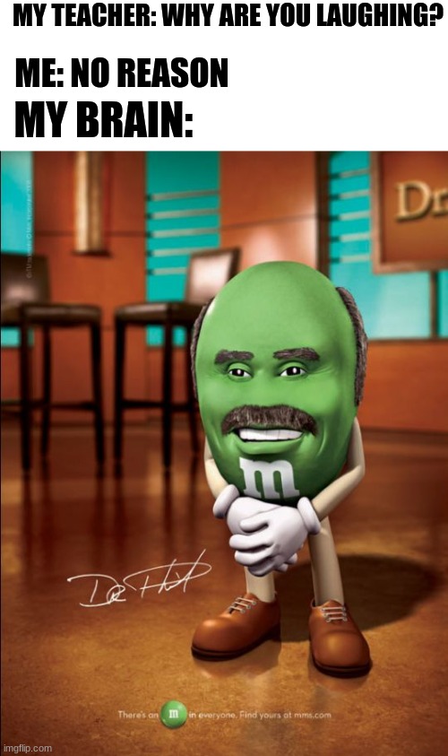 dr phil m&m | MY TEACHER: WHY ARE YOU LAUGHING? MY BRAIN:; ME: NO REASON | image tagged in dr phil m m | made w/ Imgflip meme maker