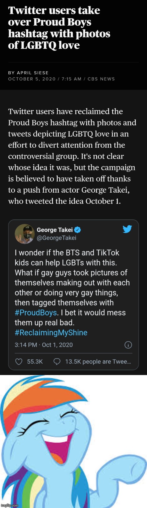 Gay Proud Boiz | image tagged in rainbow dash laughing,bts,tiktok,george takei oh my,stupid conservatives,gay pride | made w/ Imgflip meme maker