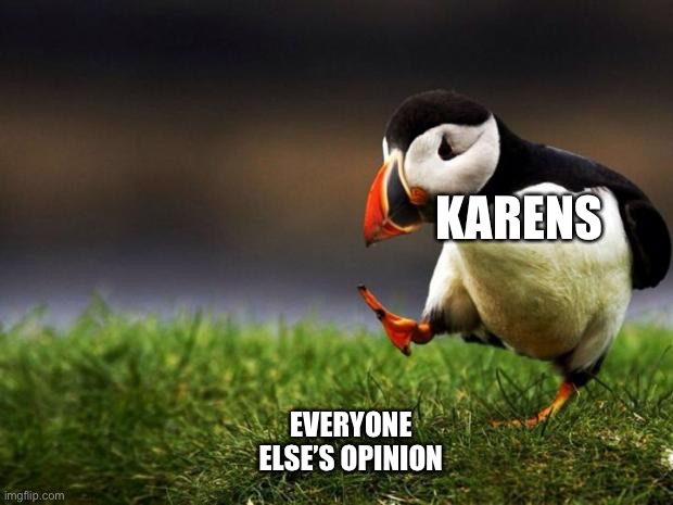 nOoOoOoOoOoOoOoOo | KARENS; EVERYONE ELSE’S OPINION | image tagged in memes,unpopular opinion puffin,karen,birb | made w/ Imgflip meme maker
