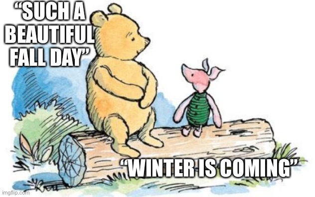 “Winter is coming” Pooh and Piglet | “SUCH A BEAUTIFUL FALL DAY”; “WINTER IS COMING” | image tagged in winnie the pooh and piglet,game of thrones,winter is coming | made w/ Imgflip meme maker