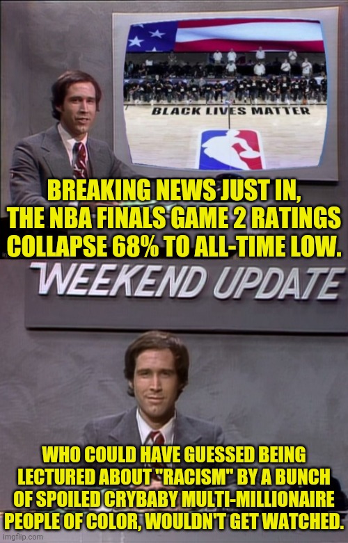 NBA Lowest Ratings Ever But As Leftist Say There's No Silent Majority | BREAKING NEWS JUST IN, THE NBA FINALS GAME 2 RATINGS COLLAPSE 68% TO ALL-TIME LOW. WHO COULD HAVE GUESSED BEING LECTURED ABOUT "RACISM" BY A BUNCH OF SPOILED CRYBABY MULTI-MILLIONAIRE PEOPLE OF COLOR, WOULDN'T GET WATCHED. | image tagged in nba,trump 2020,democrats,leftist,lebron james crying,drstrangmeme | made w/ Imgflip meme maker