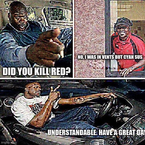 Hm. Somethings not right. | NO, I WAS IN VENTS BUT CYAN SUS; DID YOU KILL RED? | image tagged in understandable have a great day | made w/ Imgflip meme maker