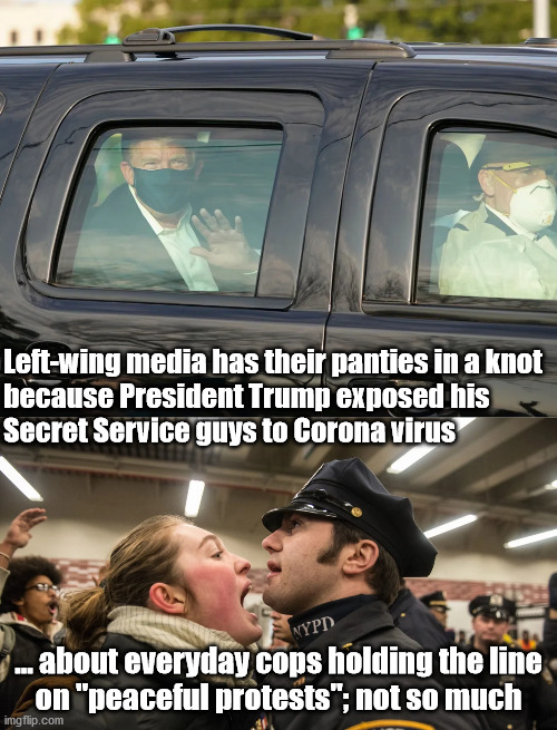 leftwing covid concern | Left-wing media has their panties in a knot
because President Trump exposed his
Secret Service guys to Corona virus; ... about everyday cops holding the line
on "peaceful protests"; not so much | image tagged in politics | made w/ Imgflip meme maker
