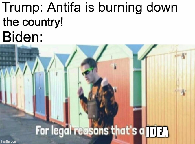 It's all a matter of perspective | Trump: Antifa is burning down; the country! Biden:; IDEA | image tagged in for legal reasons that's a joke,riots,election 2020,presidential debate,joe biden | made w/ Imgflip meme maker