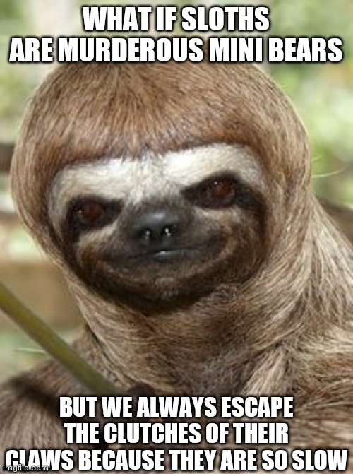 Murderous mini bears |  WHAT IF SLOTHS ARE MURDEROUS MINI BEARS; BUT WE ALWAYS ESCAPE THE CLUTCHES OF THEIR CLAWS BECAUSE THEY ARE SO SLOW | image tagged in creepy sloth | made w/ Imgflip meme maker