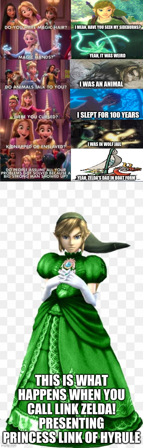 This is what happens when you call Link Zelda | THIS IS WHAT HAPPENS WHEN YOU CALL LINK ZELDA! PRESENTING PRINCESS LINK OF HYRULE | image tagged in princess link,the legend of zelda | made w/ Imgflip meme maker