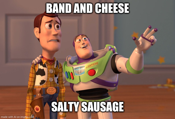 X, X Everywhere Meme | BAND AND CHEESE; SALTY SAUSAGE | image tagged in memes,x x everywhere | made w/ Imgflip meme maker