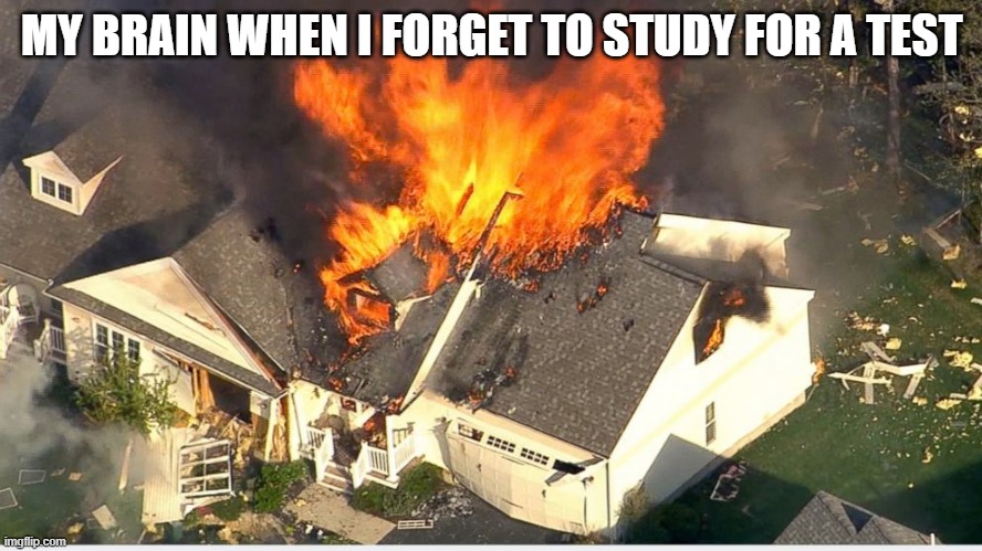 House blowing up |  MY BRAIN WHEN I FORGET TO STUDY FOR A TEST | image tagged in house blowing up | made w/ Imgflip meme maker