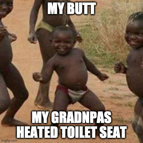 Third World Success Kid Meme | MY BUTT; MY GRADNPAS HEATED TOILET SEAT | image tagged in memes,third world success kid | made w/ Imgflip meme maker