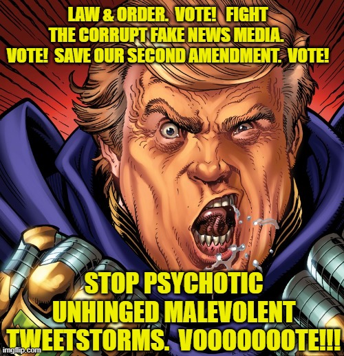 "VOTE!" SAYS SUPER tRUMP!!! | LAW & ORDER.  VOTE!   FIGHT THE CORRUPT FAKE NEWS MEDIA.  VOTE!  SAVE OUR SECOND AMENDMENT.  VOTE! STOP PSYCHOTIC UNHINGED MALEVOLENT TWEETSTORMS.  VOOOOOOOTE!!! | image tagged in superhero,dump trump,despicable donald,donald trump approves,presidential alert | made w/ Imgflip meme maker