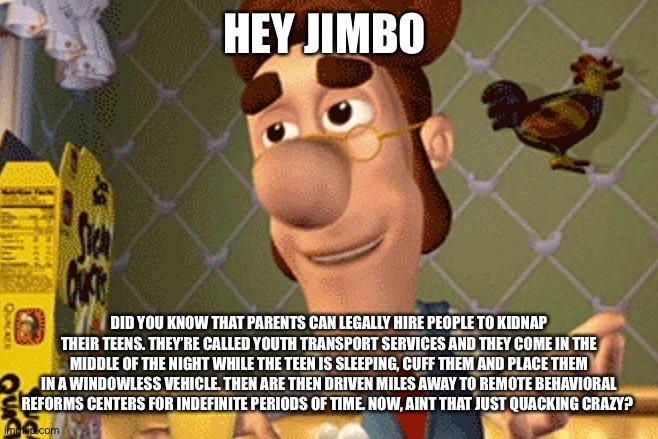 Hugh Neutron | HEY JIMBO; DID YOU KNOW THAT PARENTS CAN LEGALLY HIRE PEOPLE TO KIDNAP THEIR TEENS. THEY’RE CALLED YOUTH TRANSPORT SERVICES AND THEY COME IN THE MIDDLE OF THE NIGHT WHILE THE TEEN IS SLEEPING, CUFF THEM AND PLACE THEM IN A WINDOWLESS VEHICLE. THEN ARE THEN DRIVEN MILES AWAY TO REMOTE BEHAVIORAL REFORMS CENTERS FOR INDEFINITE PERIODS OF TIME. NOW, AINT THAT JUST QUACKING CRAZY? | image tagged in hugh neutron | made w/ Imgflip meme maker