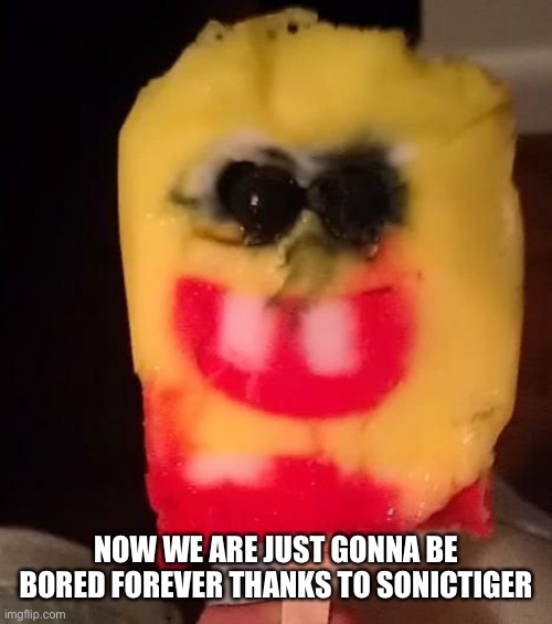 Cursed Spongebob Popsicle | NOW WE ARE JUST GONNA BE BORED FOREVER THANKS TO SONICTIGER | image tagged in cursed spongebob popsicle | made w/ Imgflip meme maker