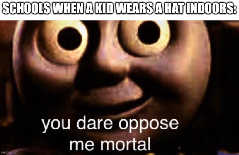 WHAT WILL WE EVER DO IF SAM HAS THEIR HAT ON INSIDE! | SCHOOLS WHEN A KID WEARS A HAT INDOORS: | image tagged in you dare oppose me mortal | made w/ Imgflip meme maker