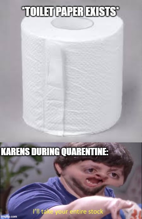  *TOILET PAPER EXISTS*; KARENS DURING QUARENTINE: | image tagged in i'll take your entire stock,karen,karen the manager will see you now,mountain of toilet paper,coronavirus | made w/ Imgflip meme maker