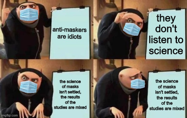 Pro-masker with egg on his face | anti-maskers are idiots; they don't listen to science; the science of masks isn't settled, the results of the studies are mixed; the science of masks isn't settled, the results of the studies are mixed | image tagged in gru's plan,masks,face mask,covid-19 | made w/ Imgflip meme maker