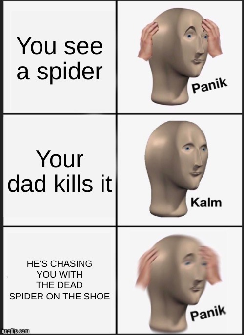 I ran out of fun stream submissions | You see a spider; Your dad kills it; HE'S CHASING YOU WITH THE DEAD SPIDER ON THE SHOE | image tagged in memes,panik kalm panik | made w/ Imgflip meme maker