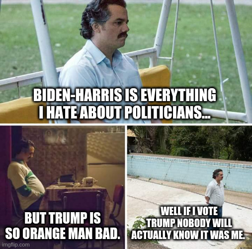 asdf | BIDEN-HARRIS IS EVERYTHING I HATE ABOUT POLITICIANS... BUT TRUMP IS SO ORANGE MAN BAD. WELL IF I VOTE TRUMP NOBODY WILL ACTUALLY KNOW IT WAS ME. | image tagged in memes,sad pablo escobar | made w/ Imgflip meme maker
