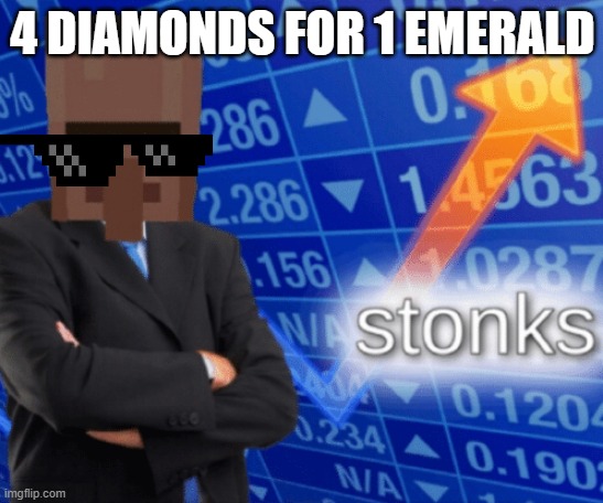 4 diamonds for emerald?!??! REEEEEEEEEEEEEEEE | 4 DIAMONDS FOR 1 EMERALD | image tagged in villager stonks | made w/ Imgflip meme maker