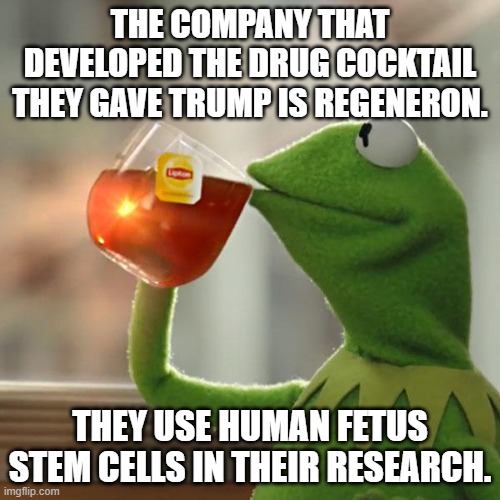 Derp State "best drugs" | THE COMPANY THAT DEVELOPED THE DRUG COCKTAIL THEY GAVE TRUMP IS REGENERON. THEY USE HUMAN FETUS STEM CELLS IN THEIR RESEARCH. | image tagged in memes,but that's none of my business,kermit the frog | made w/ Imgflip meme maker