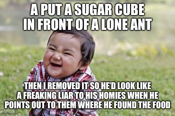 Evil Toddler Meme | A PUT A SUGAR CUBE IN FRONT OF A LONE ANT; THEN I REMOVED IT SO HE’D LOOK LIKE A FREAKING LIAR TO HIS HOMIES WHEN HE POINTS OUT TO THEM WHERE HE FOUND THE FOOD | image tagged in memes,evil toddler | made w/ Imgflip meme maker