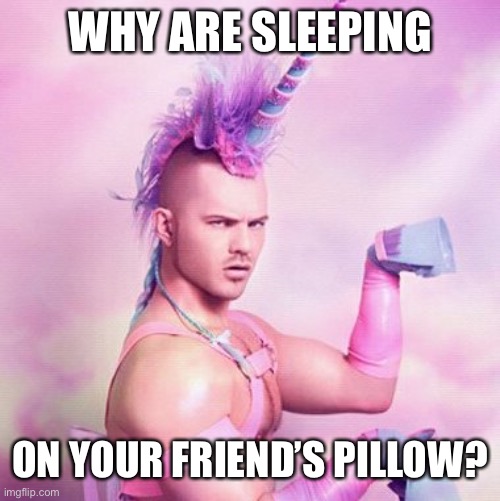 Unicorn MAN Meme | WHY ARE SLEEPING ON YOUR FRIEND’S PILLOW? | image tagged in memes,unicorn man | made w/ Imgflip meme maker