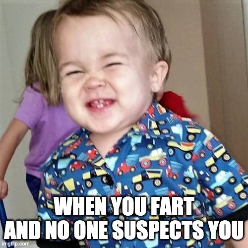 Laughing Toddler | WHEN YOU FART AND NO ONE SUSPECTS YOU | image tagged in laughing toddler | made w/ Imgflip meme maker