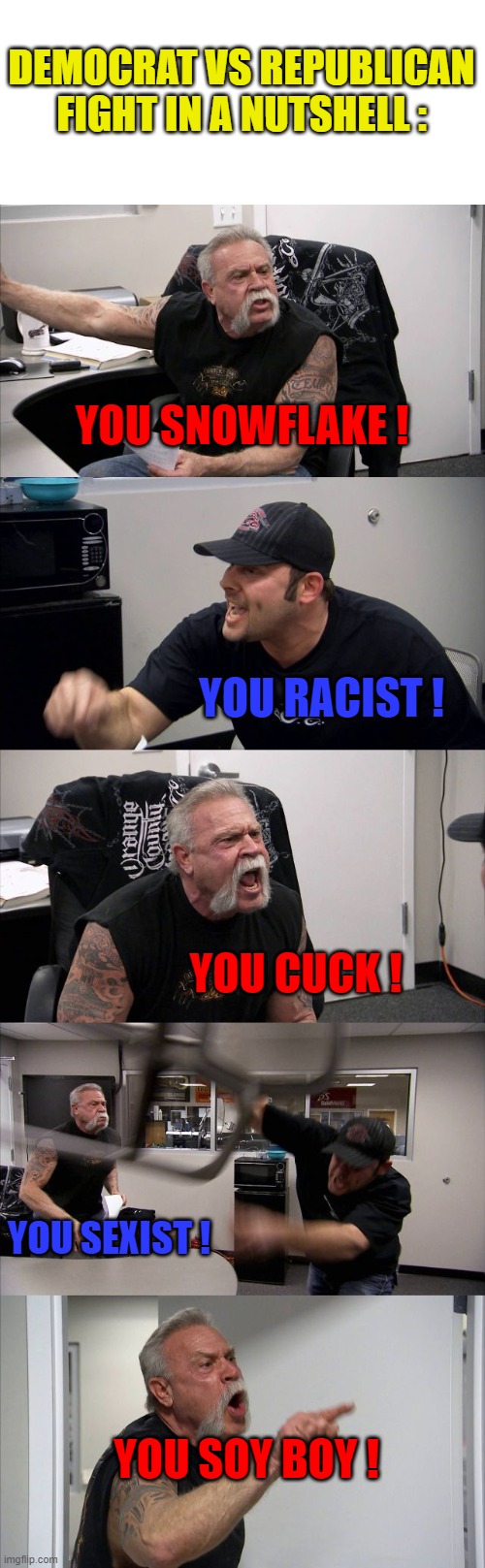 I'm sorry, but this is how I see it ! | DEMOCRAT VS REPUBLICAN FIGHT IN A NUTSHELL :; YOU SNOWFLAKE ! YOU RACIST ! YOU CUCK ! YOU SEXIST ! YOU SOY BOY ! | image tagged in memes,american chopper argument,democrat,republican | made w/ Imgflip meme maker