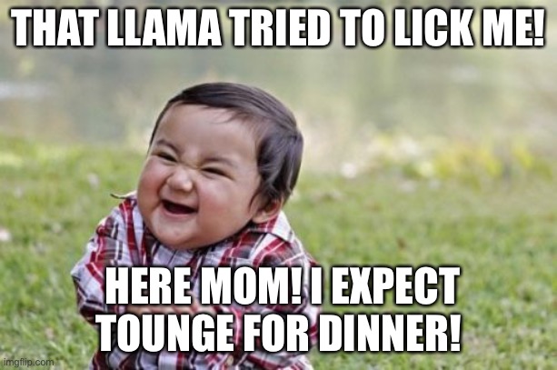 Evil Toddler Meme | THAT LLAMA TRIED TO LICK ME! HERE MOM! I EXPECT TOUNGE FOR DINNER! | image tagged in memes,evil toddler | made w/ Imgflip meme maker