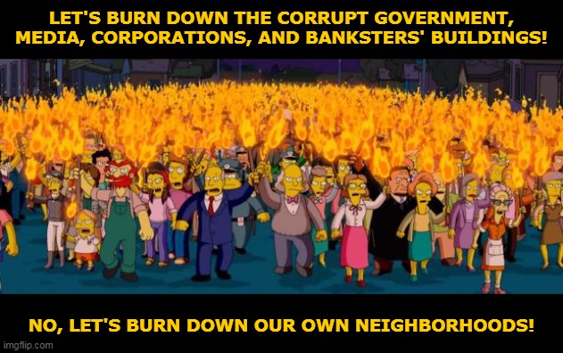 Let's burn down... | LET'S BURN DOWN THE CORRUPT GOVERNMENT,
MEDIA, CORPORATIONS, AND BANKSTERS' BUILDINGS! NO, LET'S BURN DOWN OUR OWN NEIGHBORHOODS! | image tagged in simpsons angry mob torches | made w/ Imgflip meme maker