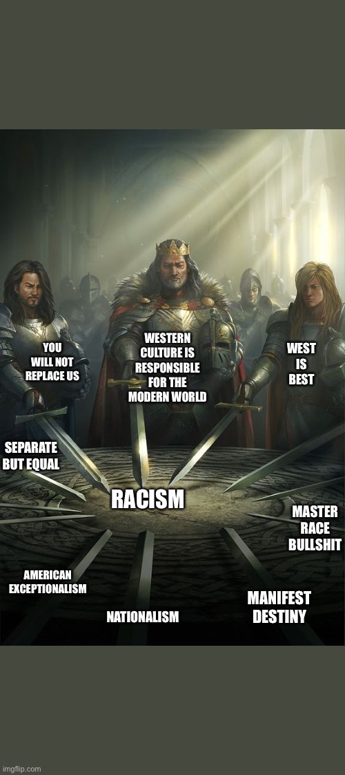 Knights of the Round Table | WESTERN CULTURE IS RESPONSIBLE FOR THE MODERN WORLD; YOU WILL NOT REPLACE US; WEST IS BEST; SEPARATE BUT EQUAL; RACISM; MASTER RACE BULLSHIT; AMERICAN EXCEPTIONALISM; MANIFEST DESTINY; NATIONALISM | image tagged in knights of the round table | made w/ Imgflip meme maker