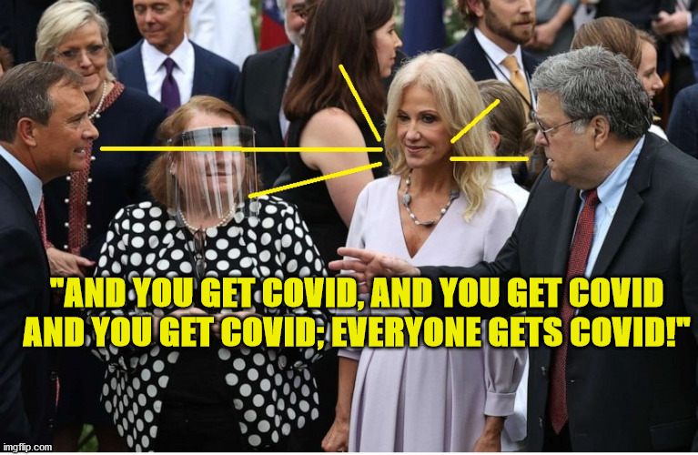 Kellyanne Kovid | "AND YOU GET COVID, AND YOU GET COVID AND YOU GET COVID; EVERYONE GETS COVID!" | image tagged in white house,covid,kellyanne conway,supreme court,trump,wear a mask | made w/ Imgflip meme maker