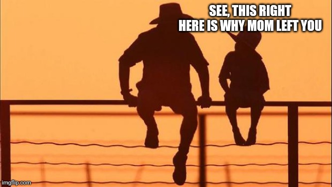 Cowboy father and son | SEE, THIS RIGHT HERE IS WHY MOM LEFT YOU | image tagged in cowboy father and son | made w/ Imgflip meme maker