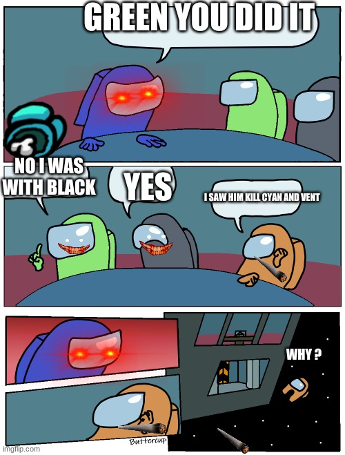 orange sus | GREEN YOU DID IT; YES; NO I WAS WITH BLACK; I SAW HIM KILL CYAN AND VENT; WHY ? | image tagged in among us meeting | made w/ Imgflip meme maker